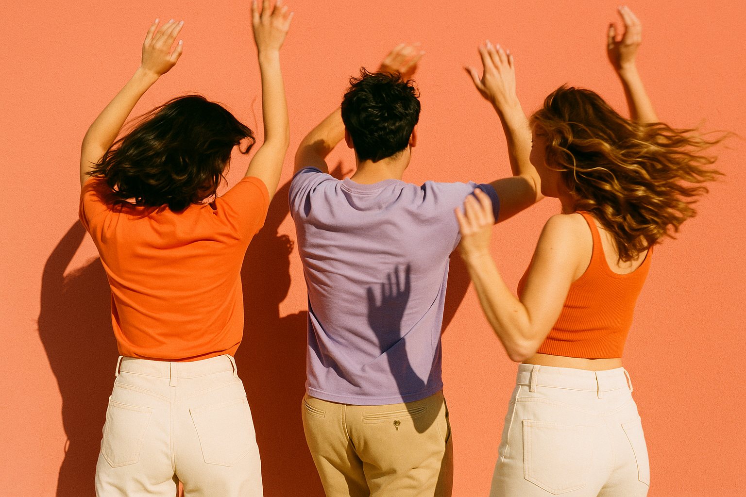 Three friends dancing against a bright coral wall, photographed from behind