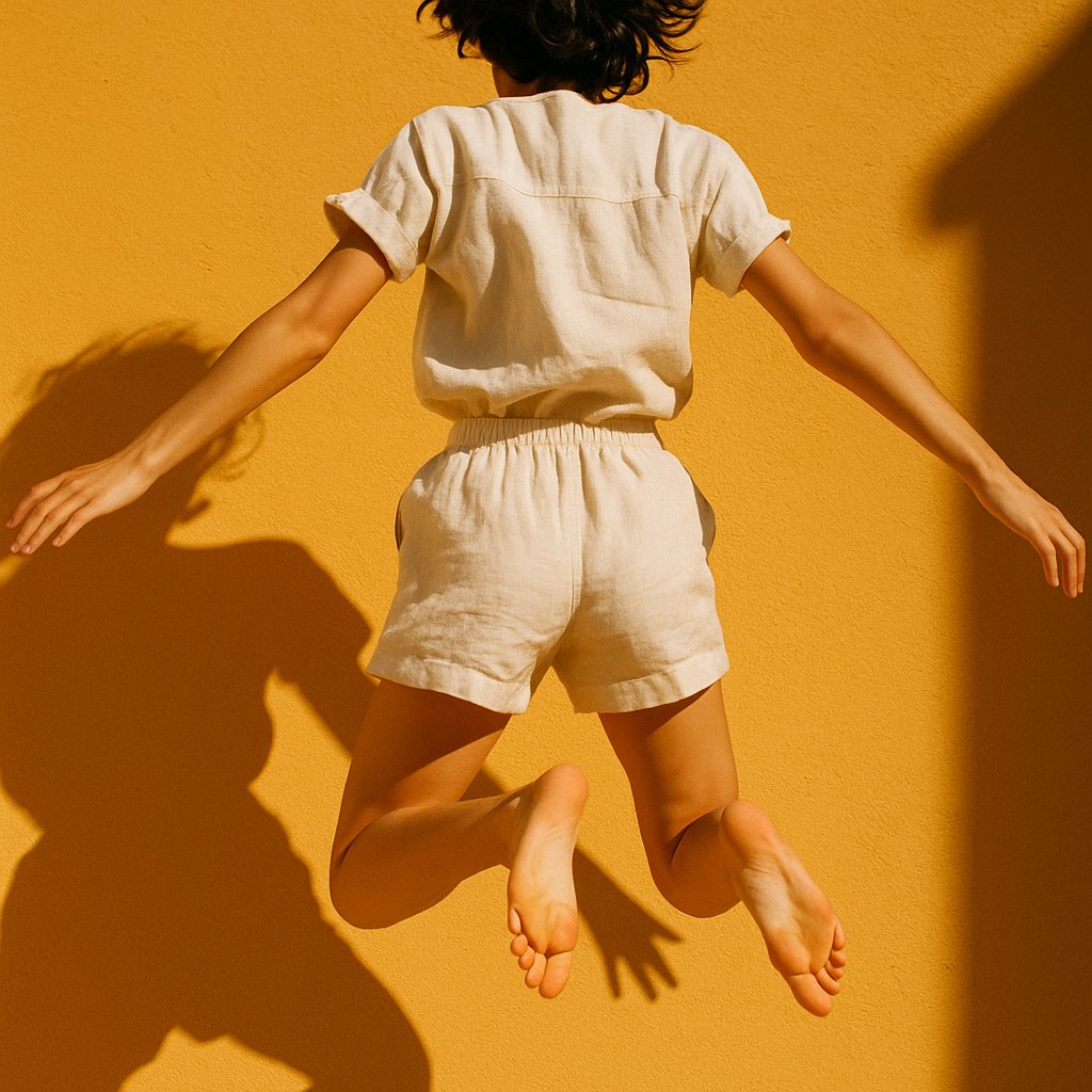 A young woman mid-jump against a marigold wall, photographed from behind